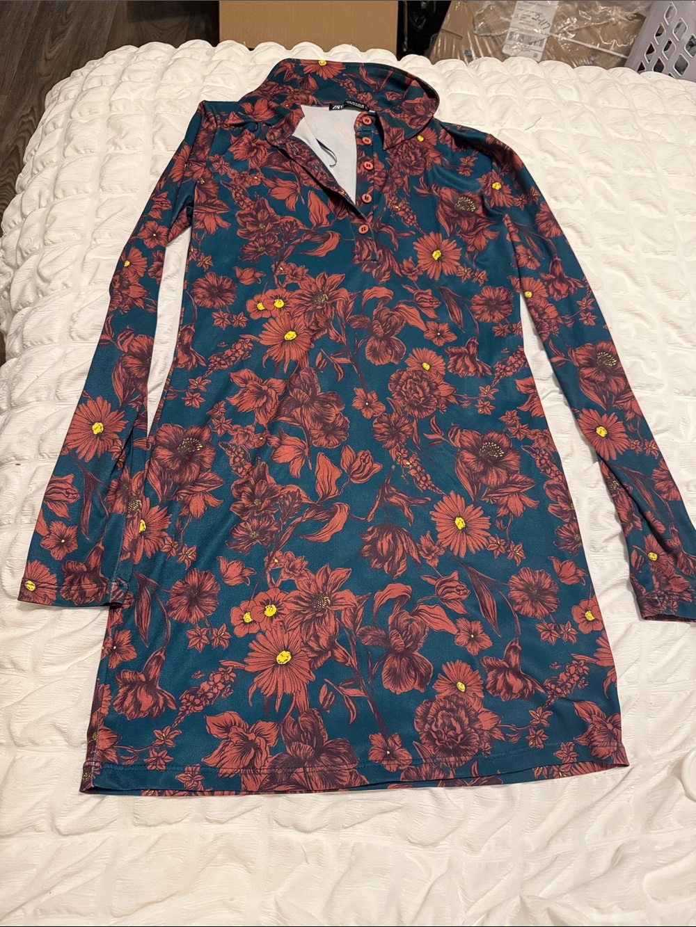 Zara Teal Long-Sleeve Polo Dress with Coral Floral Print
